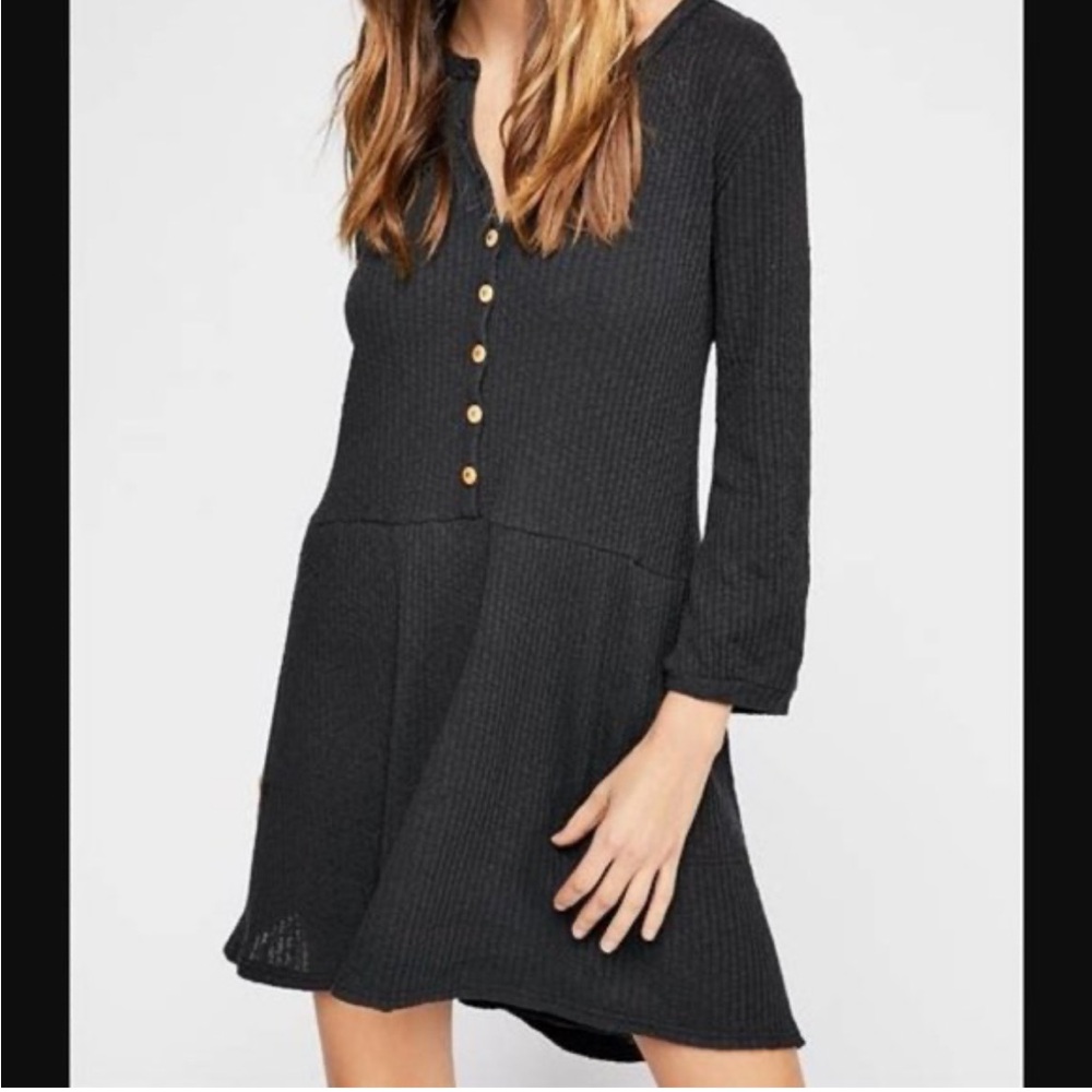 Free People Black Henley waffle Long Sleeve Dress
